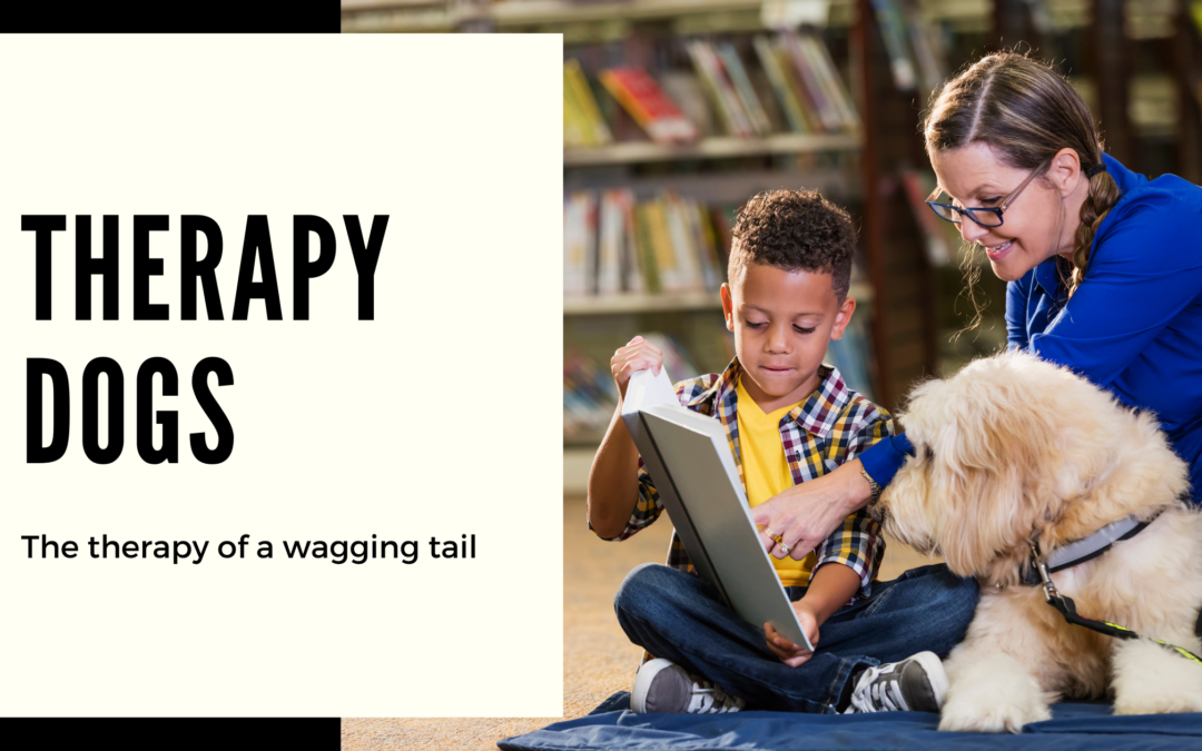 Woman helping a child to read with a therapy dog laying down between them.